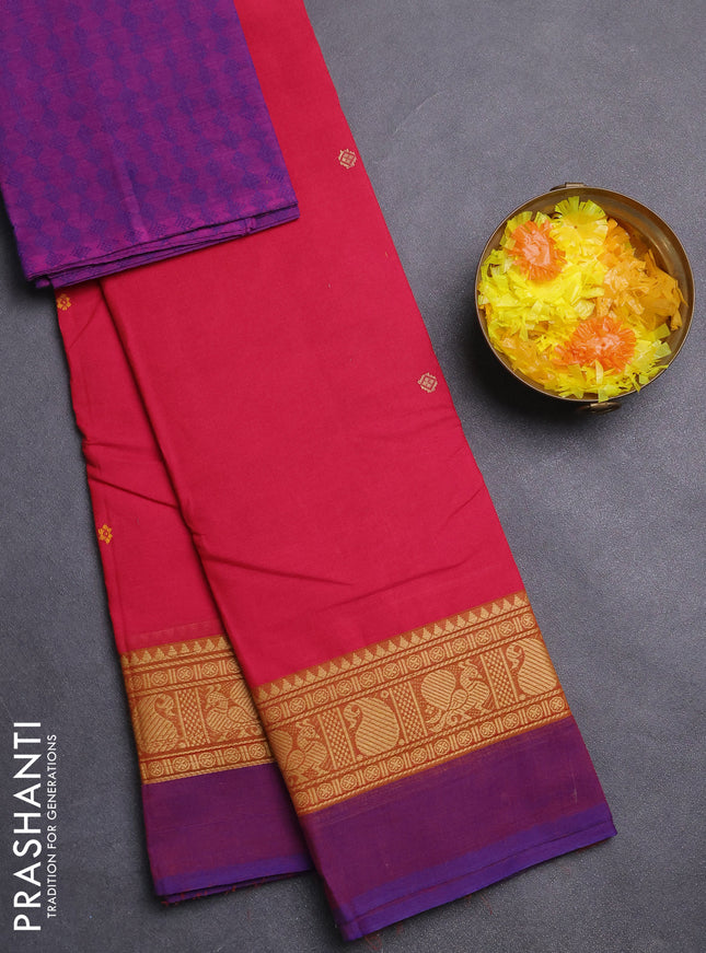 Chettinad cotton saree pink and purple with plain body and thread woven simple border