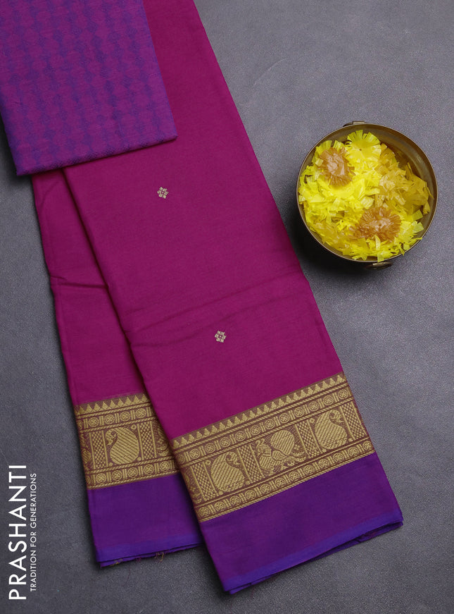 Chettinad cotton saree pink and purple with thread woven buttas and thread woven simple border
