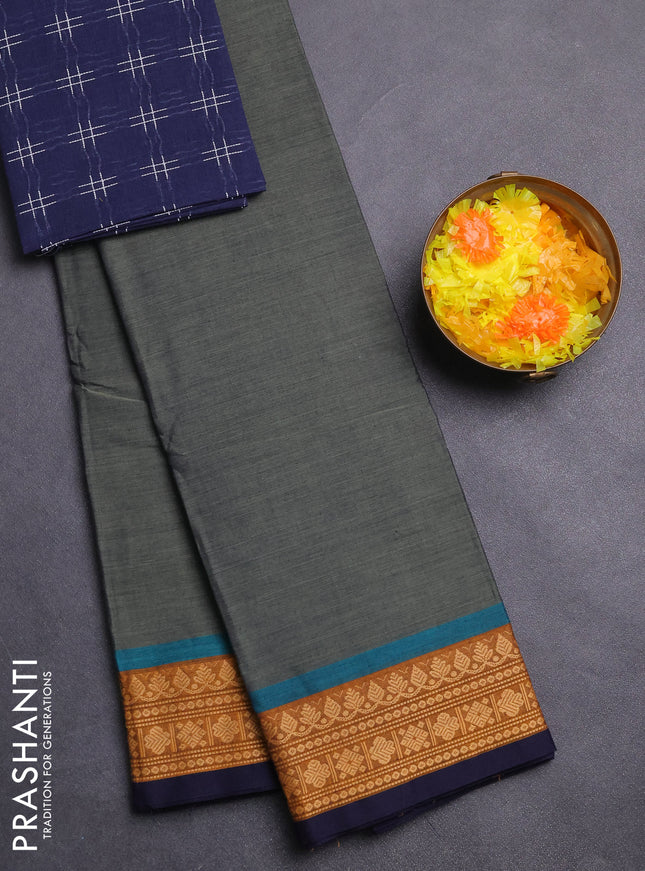 Chettinad cotton saree grey and navy blue with plain body and thread woven border