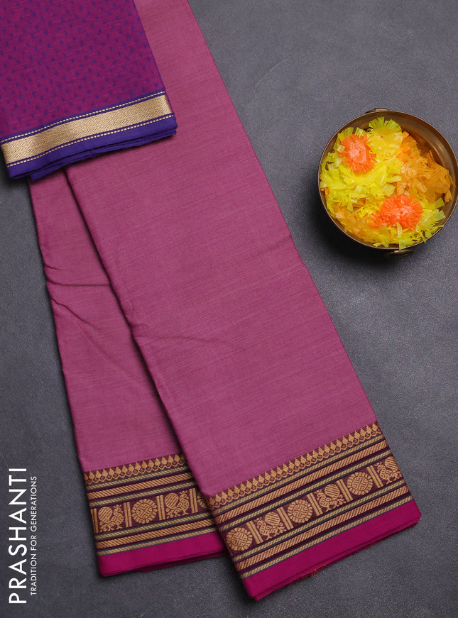 Chettinad cotton saree mauve pink and purple with plain body and thread woven border
