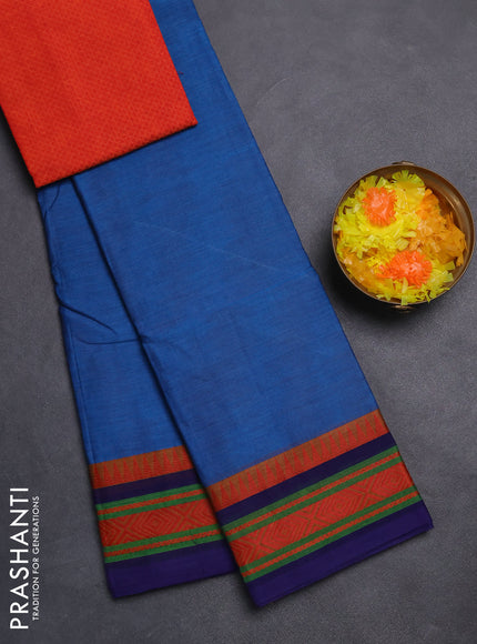 Chettinad cotton saree cs blue and orange with plain body and thread woven border