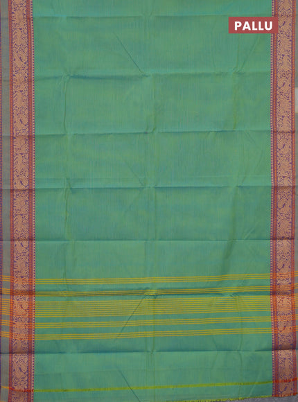 Chettinad cotton saree light green and cs blue with plain body and thread woven border