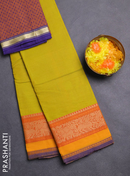 Chettinad cotton saree lime yellow and mustard yellow with plain body and thread woven border