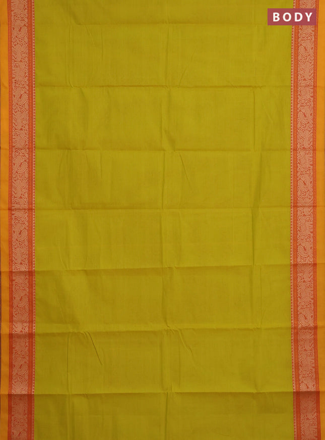 Chettinad cotton saree lime yellow and mustard yellow with plain body and thread woven border