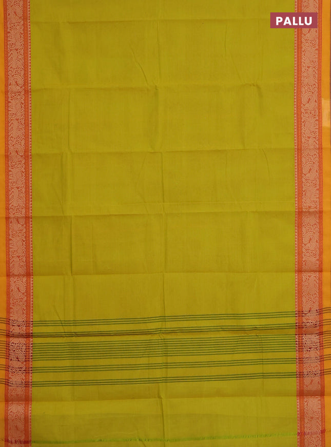 Chettinad cotton saree lime yellow and mustard yellow with plain body and thread woven border