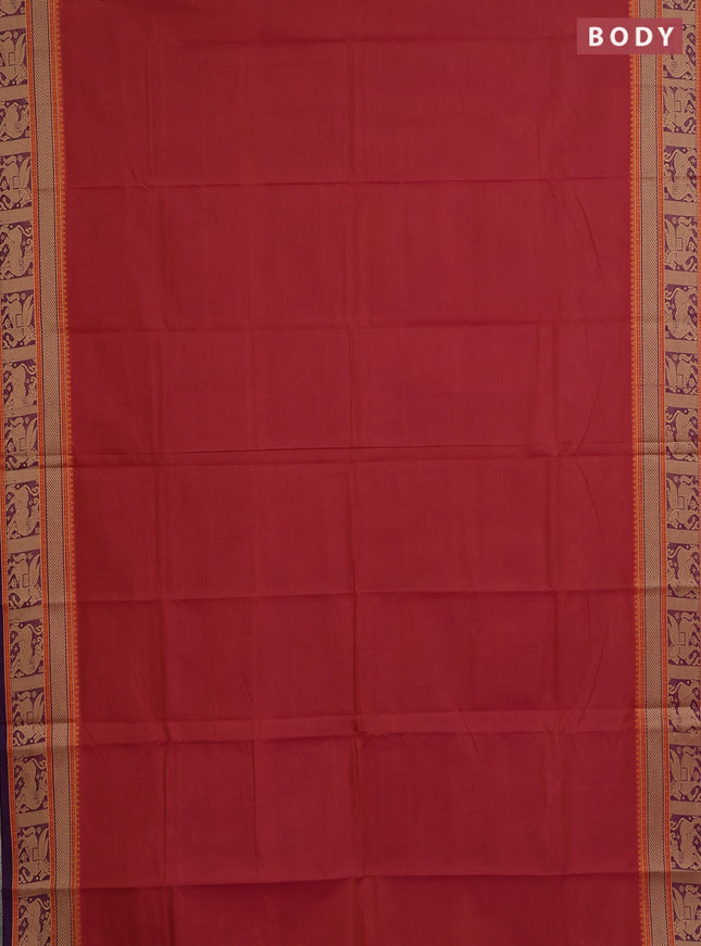 Chettinad cotton saree dual shade of pink and purple with plain body and thread woven border