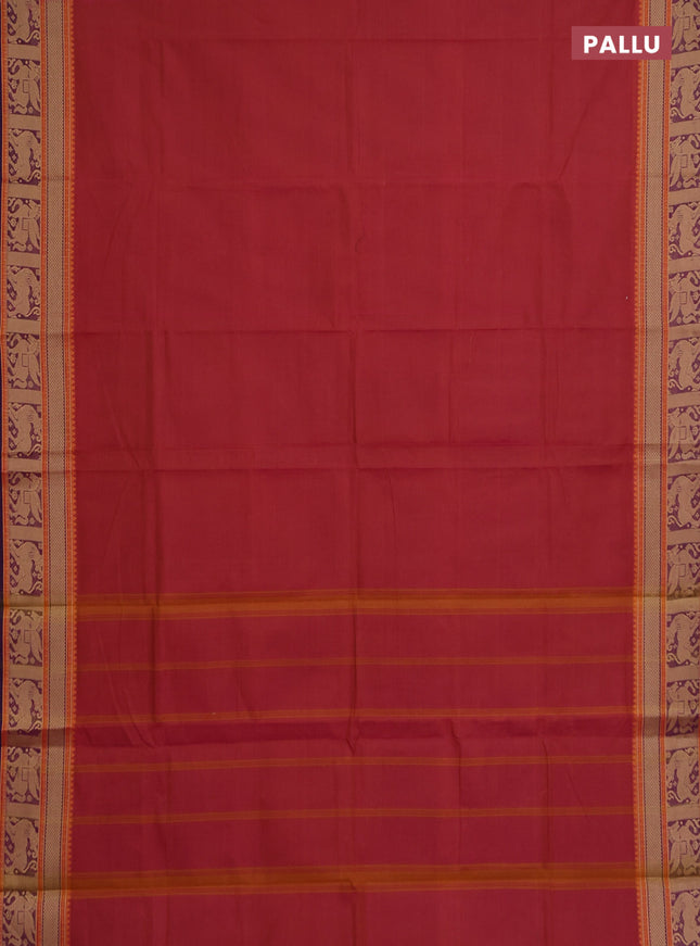 Chettinad cotton saree dual shade of pink and purple with plain body and thread woven border