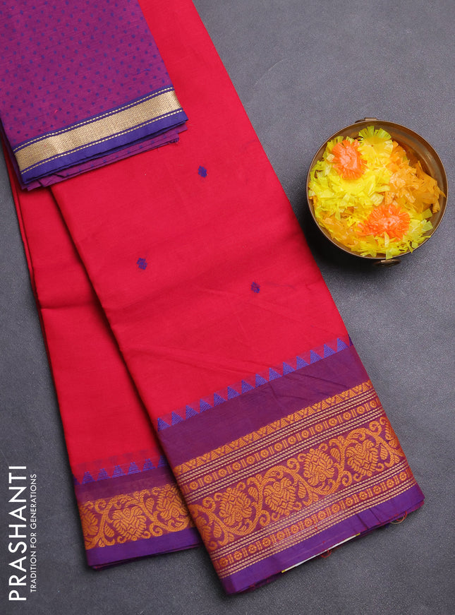 Chettinad cotton saree pink and purple with thread woven buttas and thread woven border