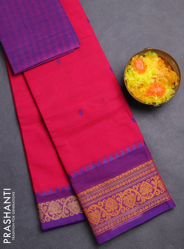 Chettinad cotton saree pink and purple with thread woven buttas and thread woven border
