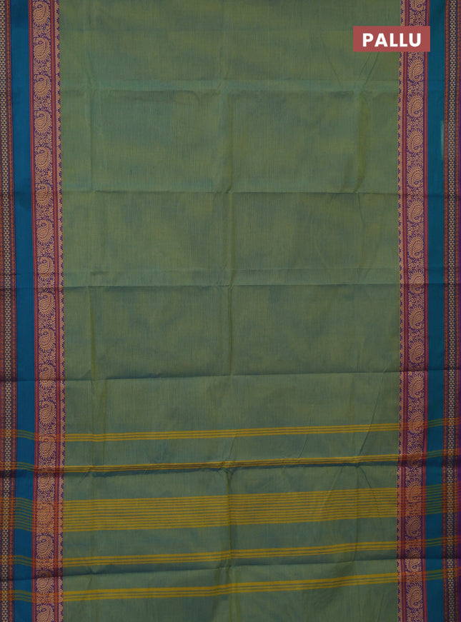 Chettinad cotton saree dual shade of green and purple with plain body and rettapet thread woven border