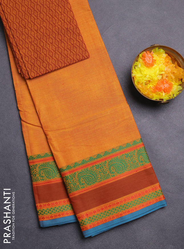 Chettinad cotton saree mango yellow and maroon shade blue with plain body and rettapet thread woven border