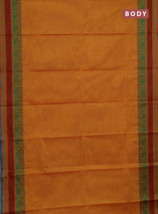 Chettinad cotton saree mango yellow and maroon shade blue with plain body and rettapet thread woven border