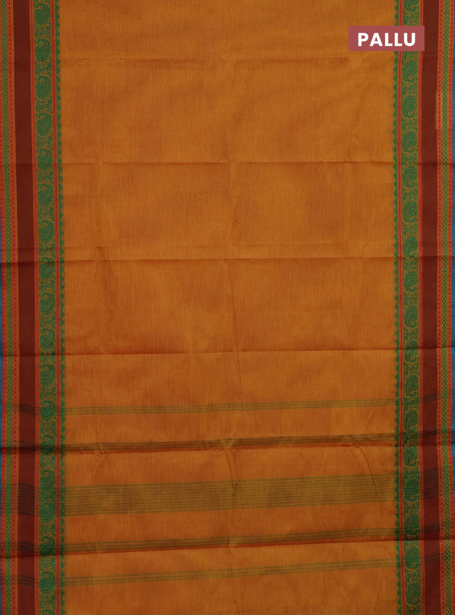 Chettinad cotton saree mango yellow and maroon shade blue with plain body and rettapet thread woven border