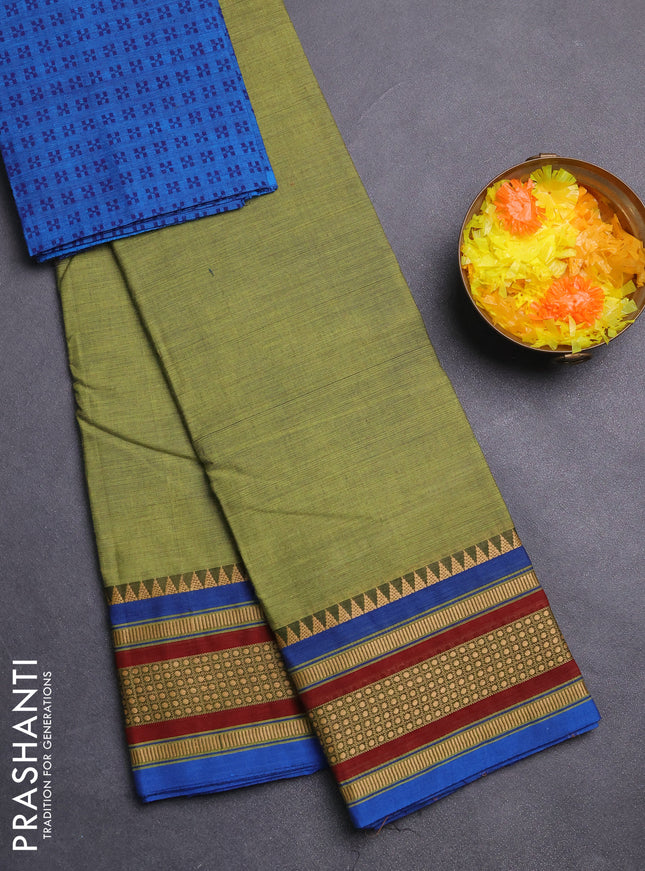 Chettinad cotton saree light green and cs blue with plain body and thread woven border