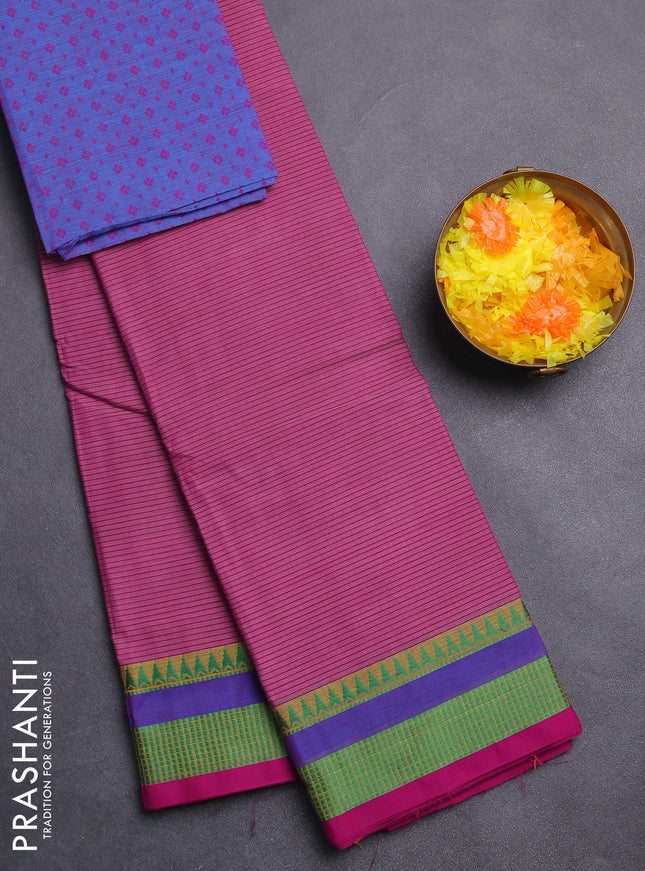 Chettinad cotton saree purple shade and purple with allover stripe pattern and thread woven border