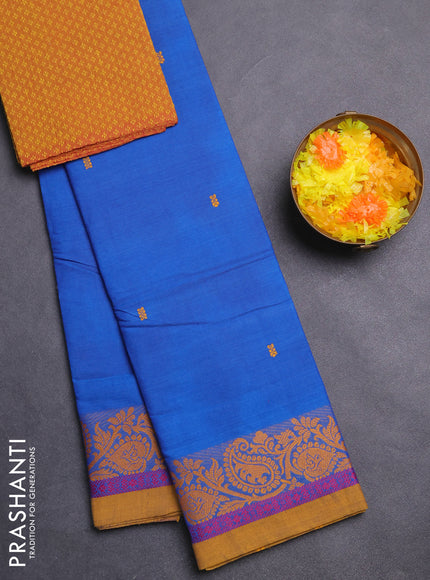 Chettinad cotton saree blue and mustard yellow with thread woven buttas and thread woven border