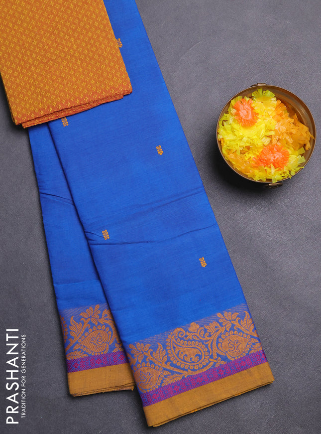 Chettinad cotton saree blue and mustard yellow with thread woven buttas and thread woven border