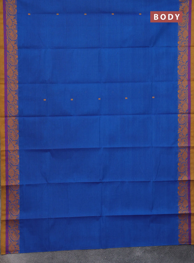 Chettinad cotton saree blue and mustard yellow with thread woven buttas and thread woven border
