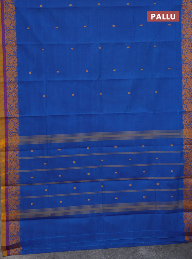 Chettinad cotton saree blue and mustard yellow with thread woven buttas and thread woven border