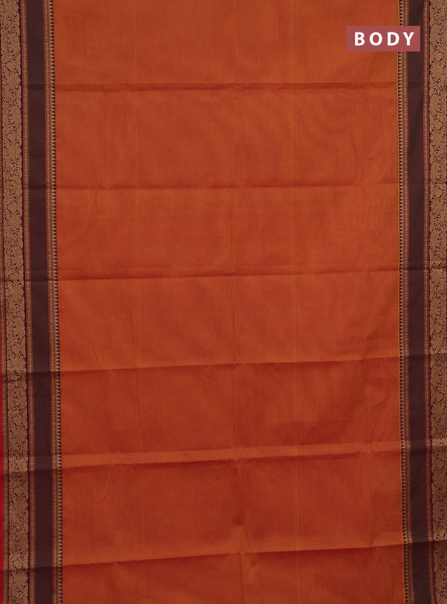 Chettinad cotton saree sunset orange and dual shade of green with plain body and long rettapet thread woven border