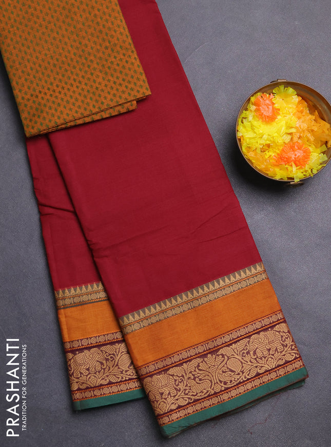 Chettinad cotton saree maroon and dark mustard with plain body and long rettapet thread woven border