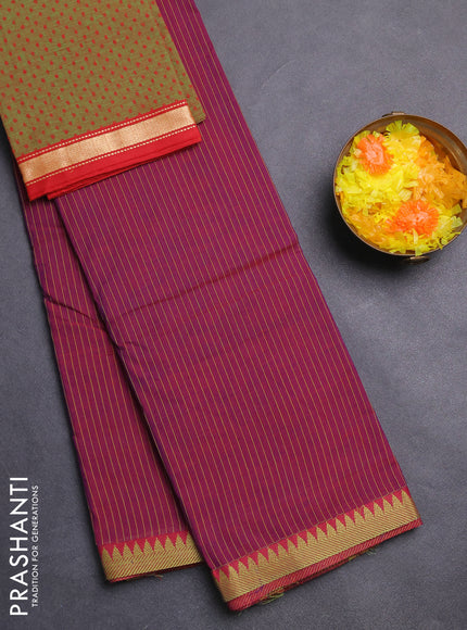 Chettinad cotton saree dual shade of purple and green with allover stripe pattern and thread woven border