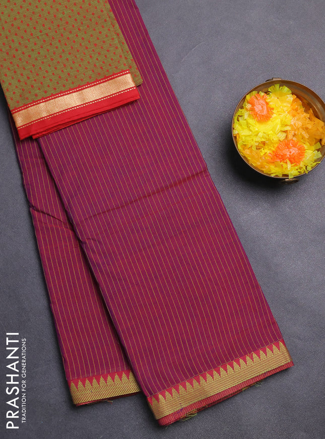 Chettinad cotton saree dual shade of purple and green with allover stripe pattern and thread woven border