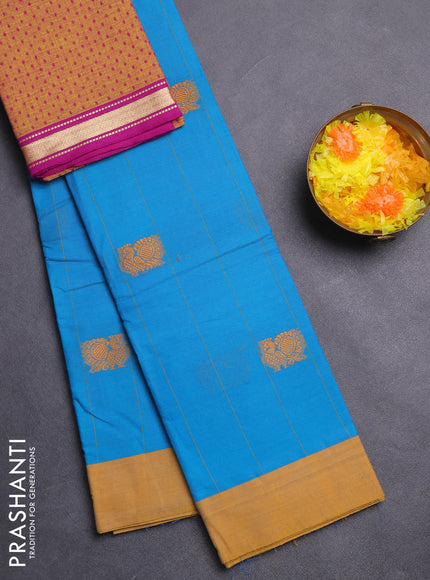 Chettinad cotton saree teal blue and mustard shade with allover stripe pattern & thread buttas and simple border