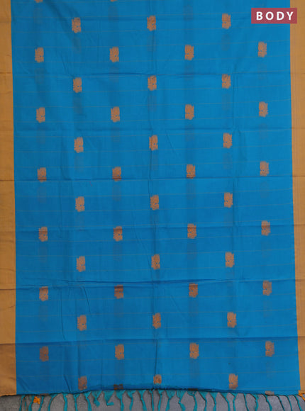 Chettinad cotton saree teal blue and mustard shade with allover stripe pattern & thread buttas and simple border