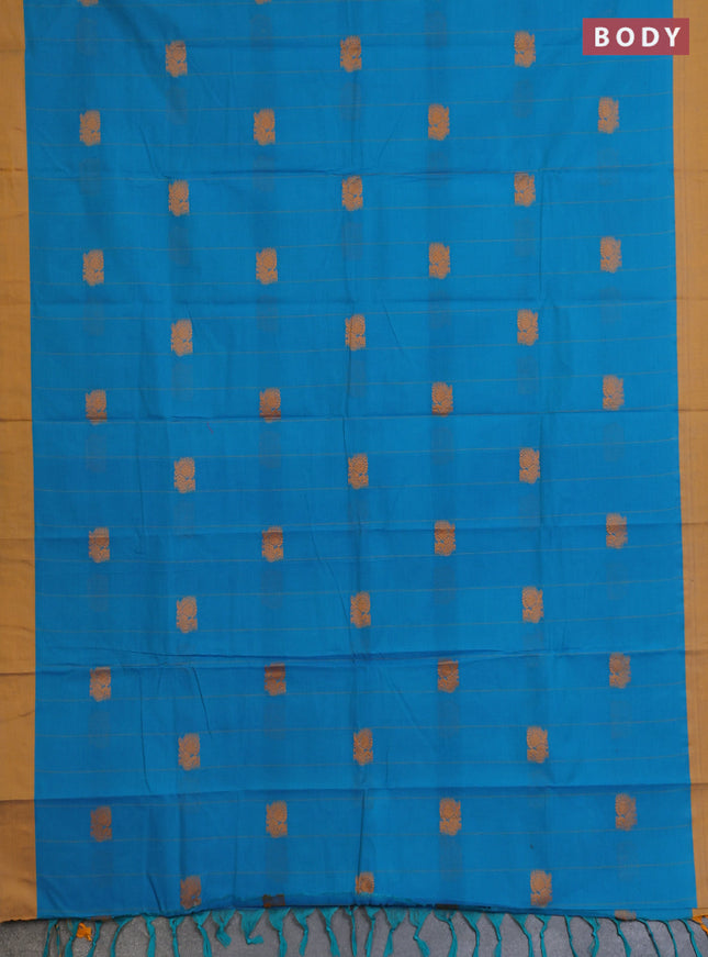 Chettinad cotton saree teal blue and mustard shade with allover stripe pattern & thread buttas and simple border