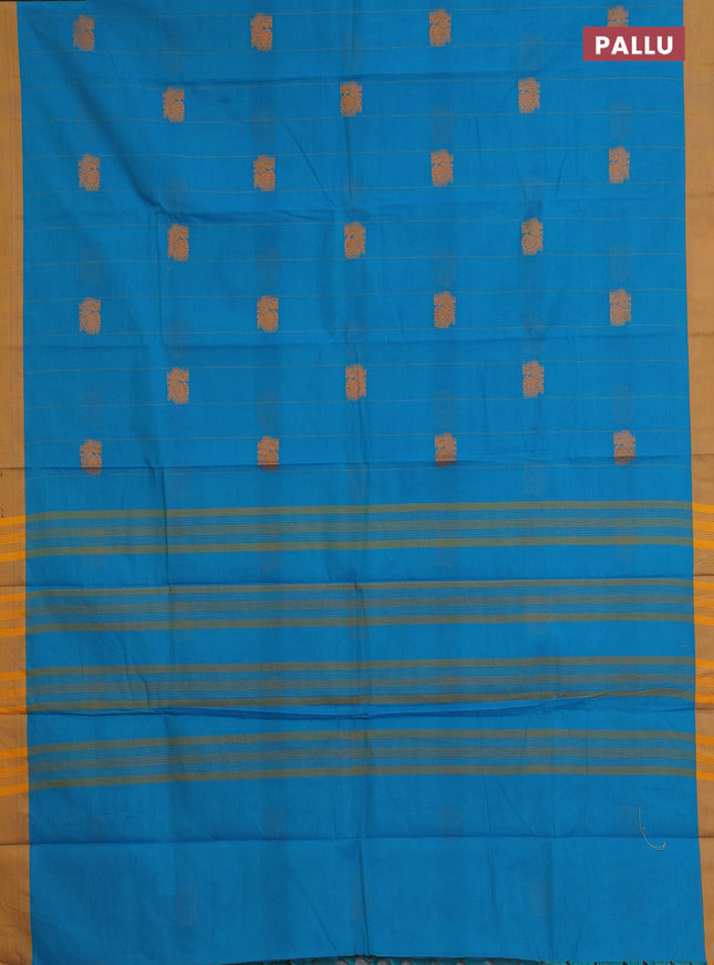 Chettinad cotton saree teal blue and mustard shade with allover stripe pattern & thread buttas and simple border