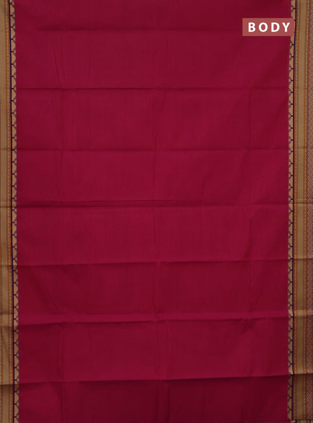 Chettinad cotton saree magenta pink and green with plain body and thread woven border