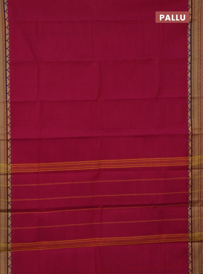 Chettinad cotton saree magenta pink and green with plain body and thread woven border
