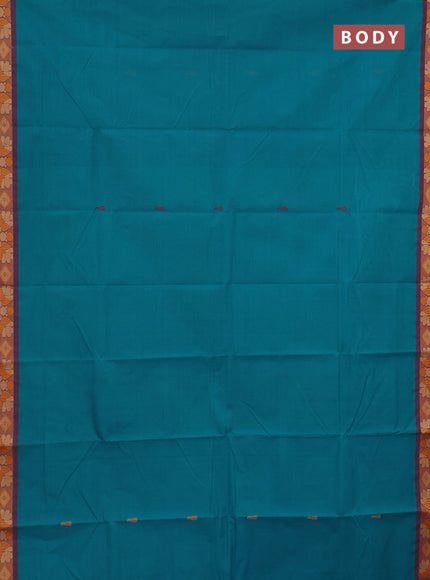 Chettinad cotton saree teal blue and maroon with thread woven buttas and thread woven border