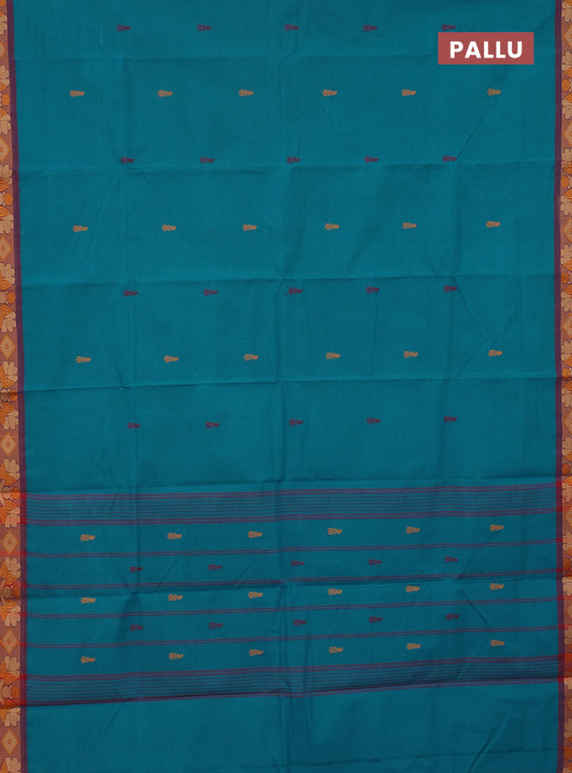 Chettinad cotton saree teal blue and maroon with thread woven buttas and thread woven border