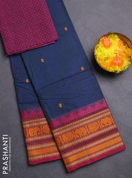 Chettinad cotton saree dual shade of bluish green and magenta pink with thread woven buttas and temple design thread woven border