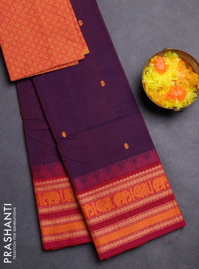 Chettinad cotton saree dual shade of purple and pink with thread woven buttas and temple design thread woven border