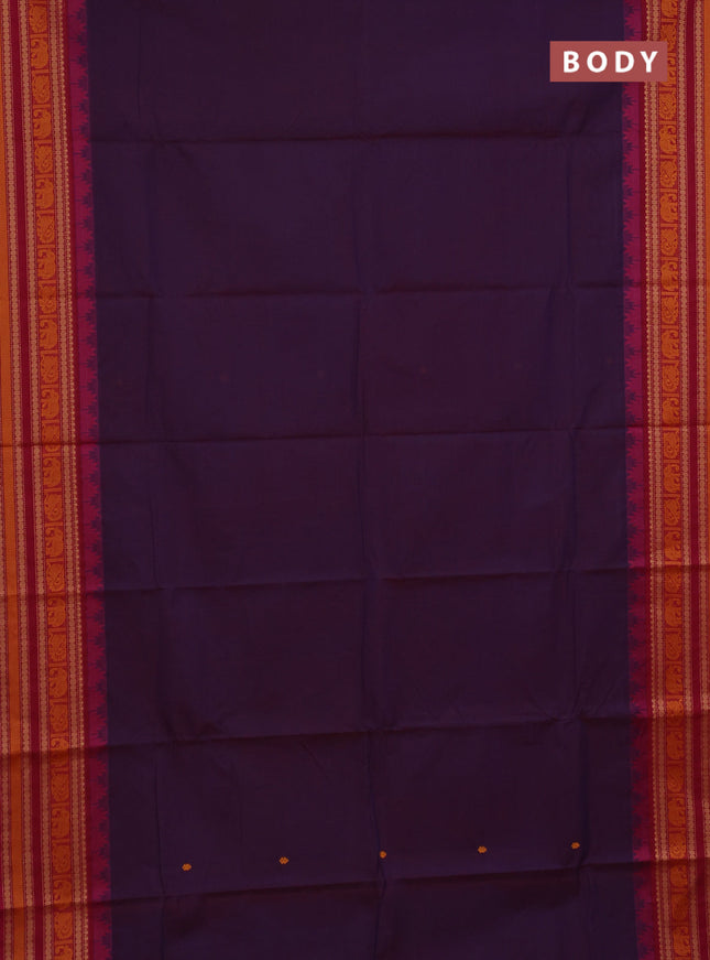 Chettinad cotton saree dual shade of purple and pink with thread woven buttas and temple design thread woven border