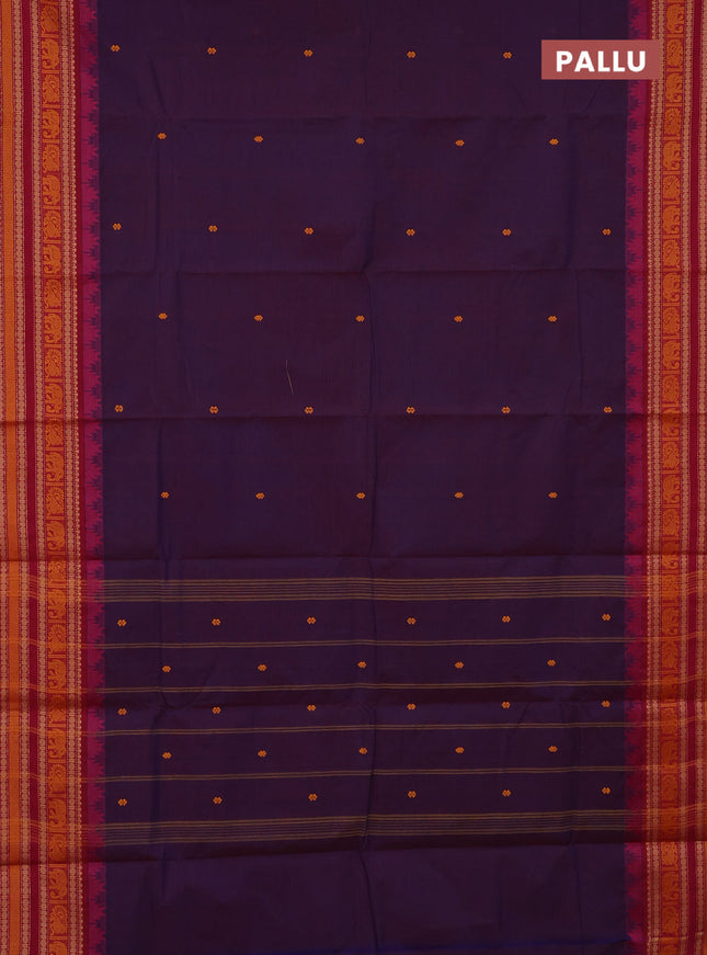 Chettinad cotton saree dual shade of purple and pink with thread woven buttas and temple design thread woven border