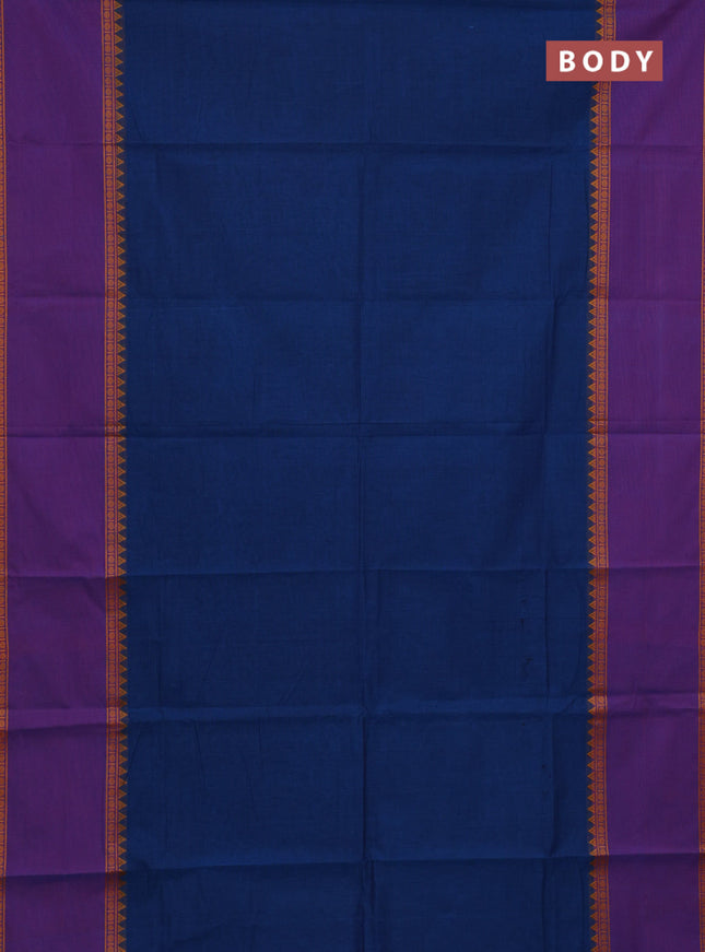 Chettinad cotton saree peacock blue and purple with plain body and long rettapet thread woven border