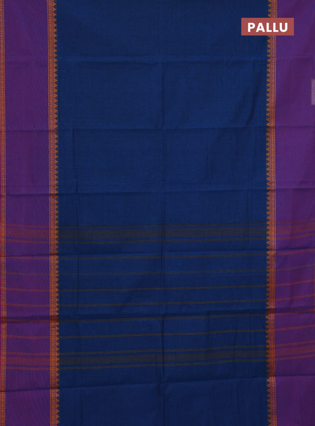 Chettinad cotton saree peacock blue and purple with plain body and long rettapet thread woven border