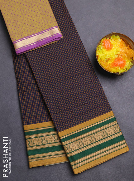 Chettinad cotton saree navy blue and mustard shade with allover thread checked pattern and thread woven border