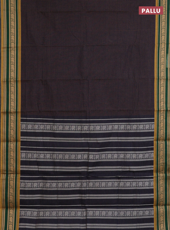 Chettinad cotton saree navy blue and mustard shade with allover thread checked pattern and thread woven border