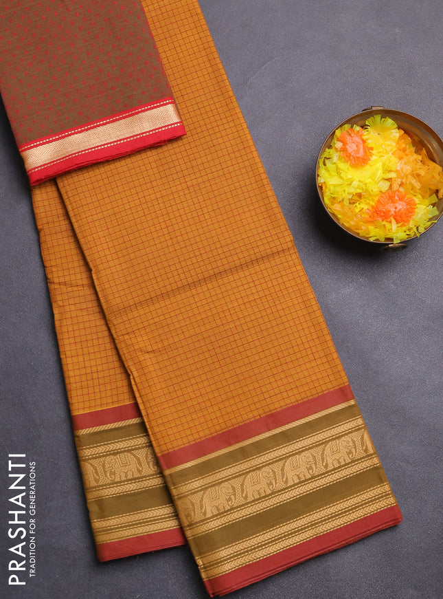 Chettinad cotton saree dark mustard and sap green with allover thread checked pattern and thread woven border