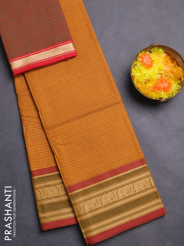 Chettinad cotton saree dark mustard and sap green with allover thread checked pattern and thread woven border