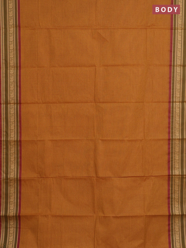 Chettinad cotton saree dark mustard and sap green with allover thread checked pattern and thread woven border