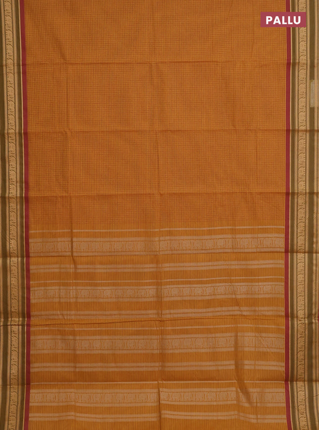 Chettinad cotton saree dark mustard and sap green with allover thread checked pattern and thread woven border