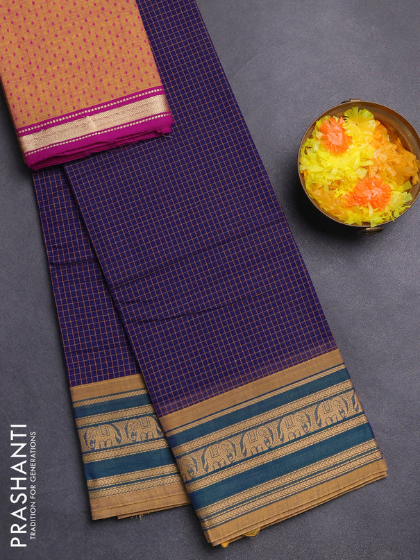 Chettinad cotton saree violet and mustard shade with allover thread checked pattern and thread woven border