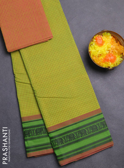 Chettinad cotton saree lime green and green pink with allover thread checked pattern and thread woven border
