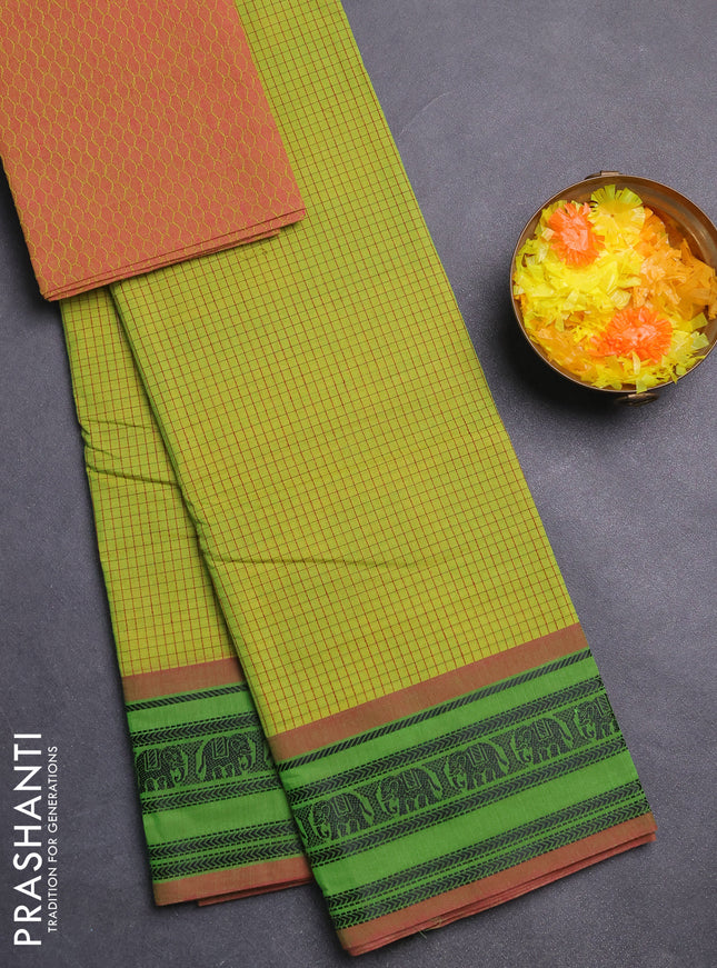 Chettinad cotton saree lime green and green pink with allover thread checked pattern and thread woven border